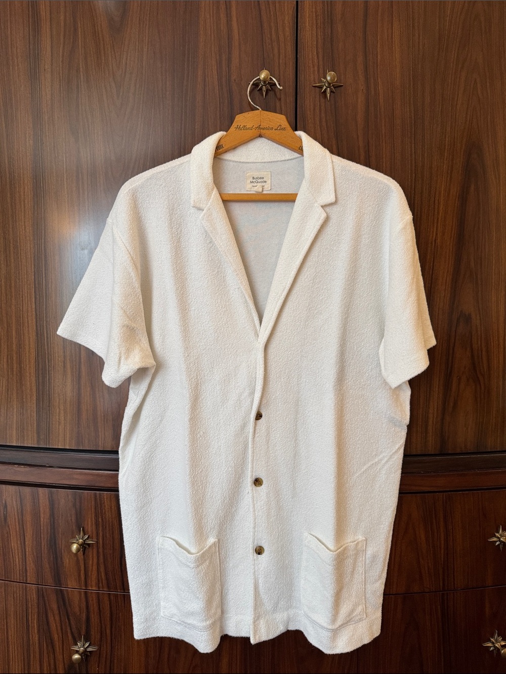 Men's White Short Sleeve Terry Button-Front Shirt